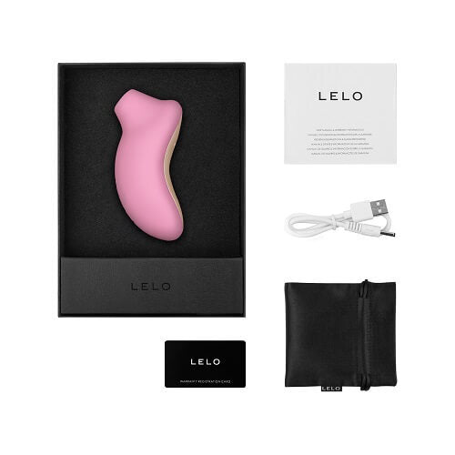 LELO pink electronic device with packaging, USB cable, and pouch on a white background