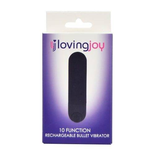 Lovingjoy 10-function rechargeable bullet vibrator packaging on a white background