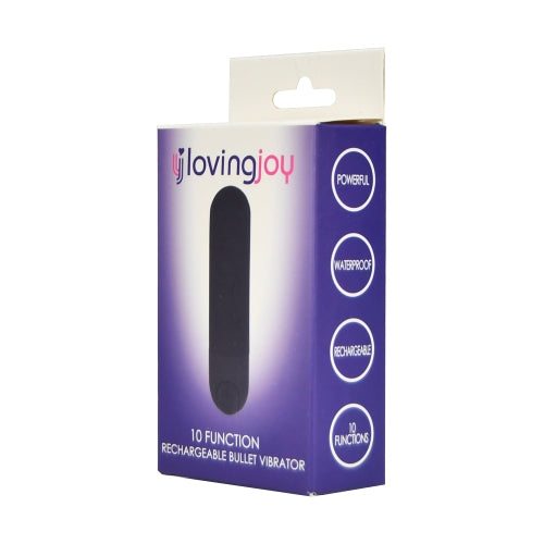 Lovingjoy 10-function rechargeable bullet vibrator packaging on a white background