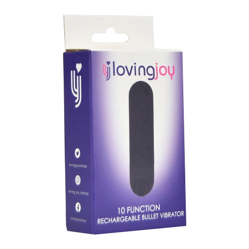 LovingJoy 10-function rechargeable bullet vibrator packaging on a white background