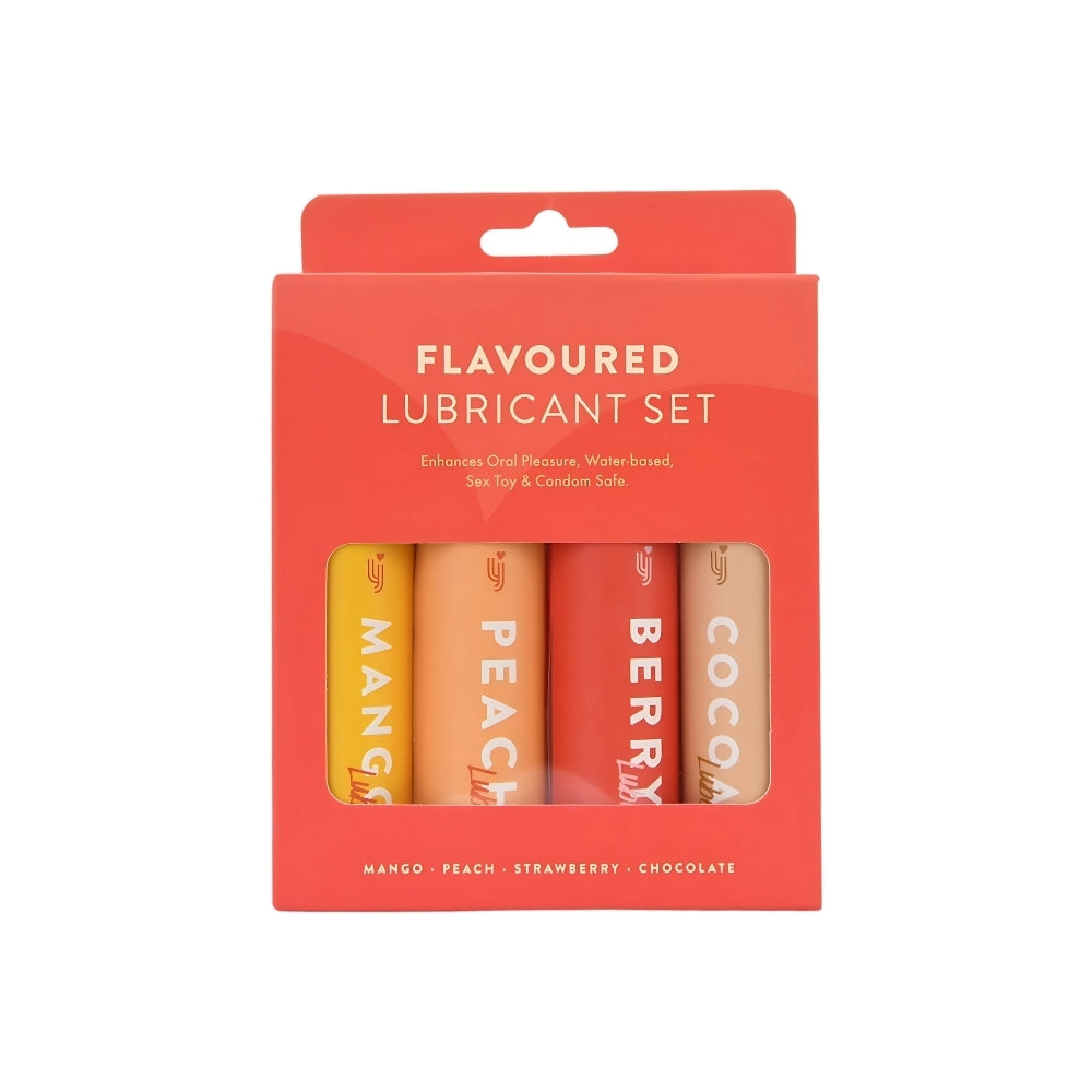 Flavored lubricant set packaging with four tubes inside on a white background