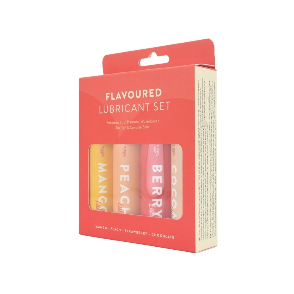 Flavored lubricant set packaging with visible product names on a white background