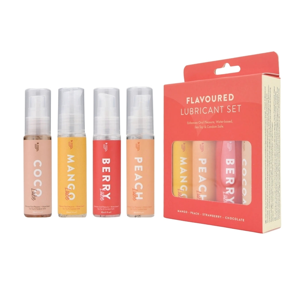 Set of flavored lubricant bottles with packaging on a white background