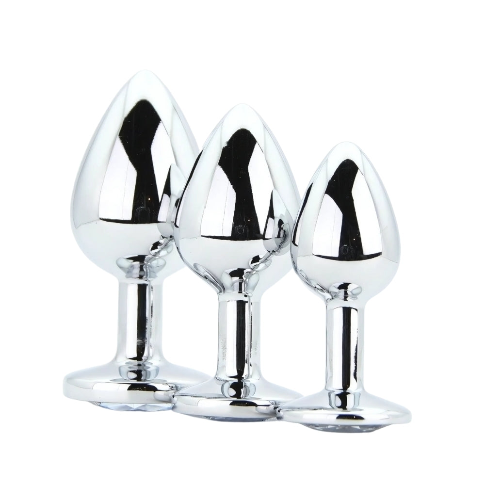 Toosh Metal Butt Plug Silver Set of 3 Clear Stone